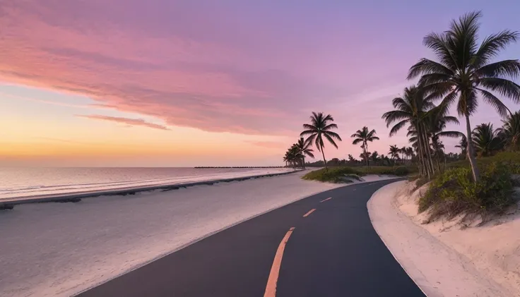 a serene coastal scene at sunset. Picture a bike path curving gently towards the beach, lined with Asphalt  tall, slender palm trees swaying gently in the breeze. The sky is painted in soft hues of pink, purple, and orange, reflecting the calmness of the a...