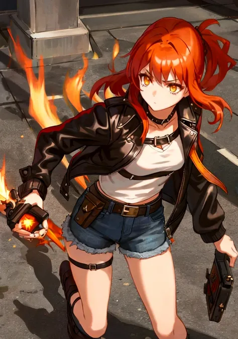 A stylish female assassin, 19 years old, with short fiery red-orange hair and a deep voice. She wears a black leather jacket and denim shorts, with a dagger attached to her thigh. Her leather jacket features subtle patterns of feathers, and she has a flame...