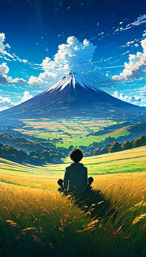 a boy sitting on a cloudy autumn meadow, viendo un vasto cielo, hiervas altas, cielo nublado, makoto shinkai cyril rolando, Fondo de pantalla de arte anime 4k, Fondo de pantalla de arte anime 4K, fondo animado, fondo de pantalla de arte anime 8 K, fondo an...