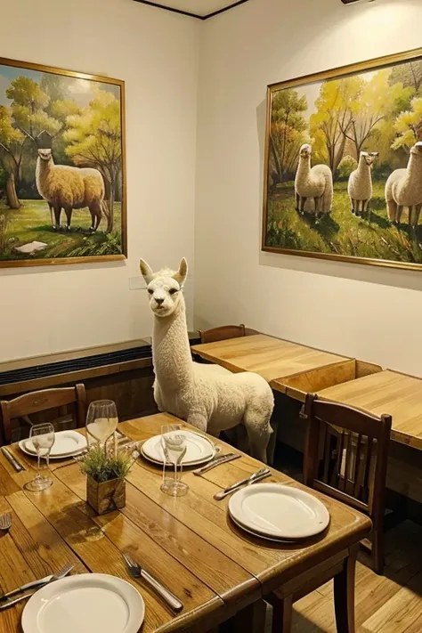 An alpaca eating at a Spanish restaurant in Saitama Prefecture。On the table is the main course of paella and a glass of water.、Cutlery is laid out。
The wall in the background is decorated with a painting that evokes a grassland.。