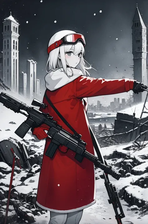 masterpiece, best quality, 1girl, closeup, 1girl, snipler, white outfit, (red goggles), holding a rifle, winter, snowstorm, snowfall, white, city ruins, desolate, watercolor, sketch