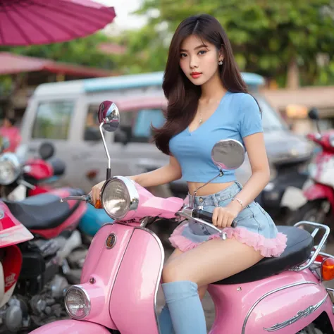 araffe girl sitting on a pink motorcycle with a blue shirt and light blue skirt, thai girl, puch, sporty, very beautiful girl, b...