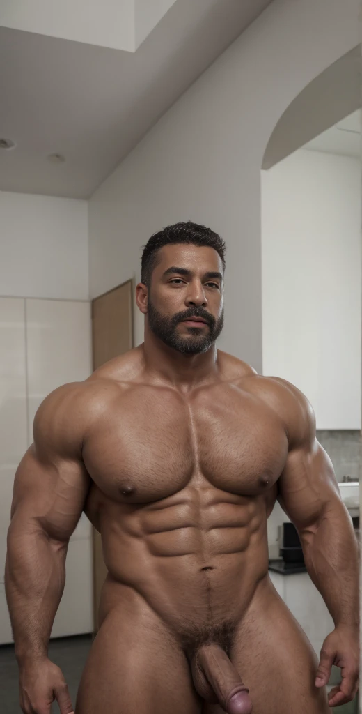 1boy, solo, facial hair, male focus, flaccid penis, pectorals, bara, muscular, mature male, muscular male, abs, beard, nipples, short hair, navel, stomach, large pectorals, thick eyebrows, bare pectorals, dark-skinned male, erection, thighs, erection under...