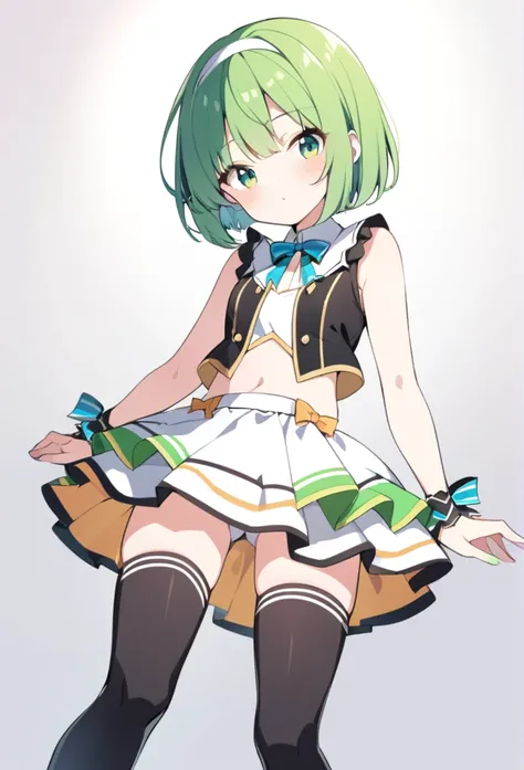 1 girl, cute, young, green hair, bob haircut, green eyes, idol costume, thigh high,