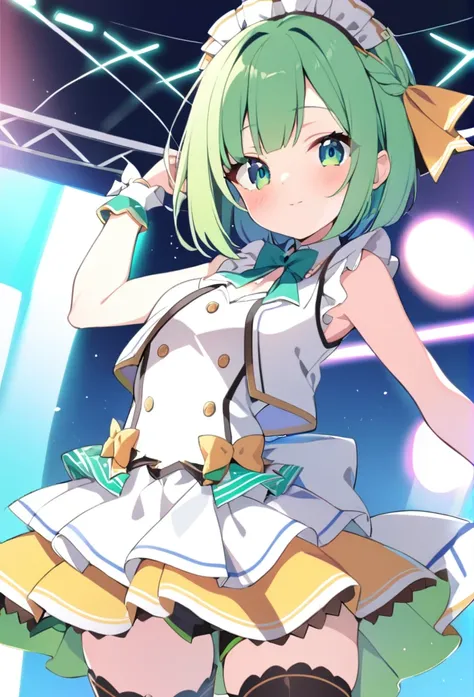 1 girl, cute, young, green hair, bob haircut, green eyes, idol costume, thigh high,