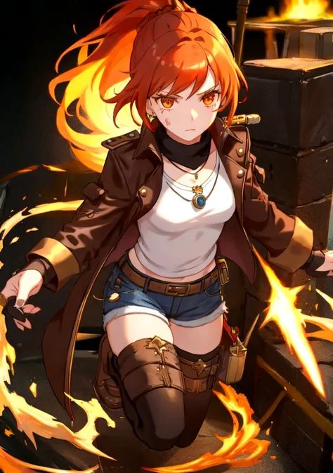 A stylish female assassin, 19 years old, with short fiery red-orange hair and a deep voice. She wears a black leather jacket and denim shorts, with a dagger attached to her thigh. Her leather jacket features subtle patterns of feathers, intricate stitching...