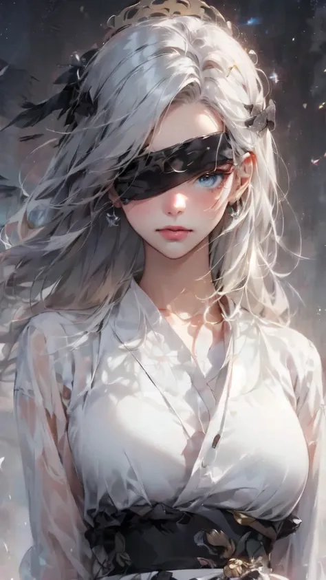 a beautiful girl wearing a white and black cloth covering her eyes，silver hair，there is a pair of colorful wings on the temples，...