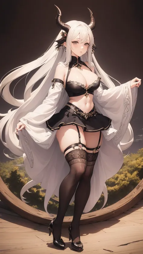 (masterpiece, top quality, best quality, official art, beautiful and aesthetic:1.3), (8k, best quality, masterpiece:1.2),(full body:1.3) (large breasts:1.2), long hair, black thighhighs, high heel, (microskirt:1.1), garter belt, dragons horn,dragons wing,