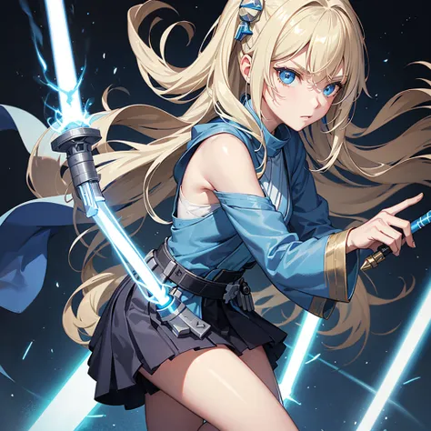 The girl is a Jedi knight. She has grey skin, blue eyes, blonde hair and bone growths on her cheekbones. She holds a blue lightsaber in her hand. the hilt of the lightsaber is straight and thin and it is from it that the laser blade comes out