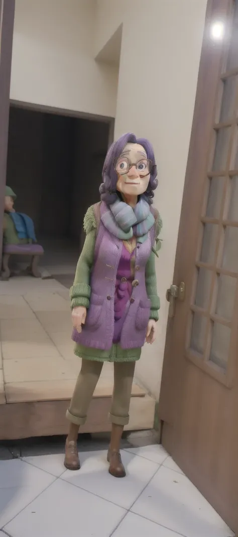 masterpiece, best quality, an old woman with glasses and a scarf on, wearing a purple coat and green scarf, standing at the park