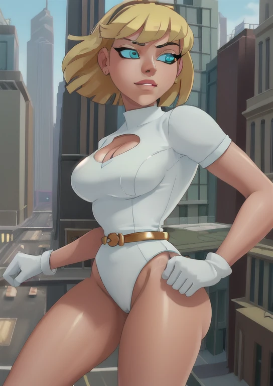 (cowboy shot), sfw, (masterpiece), (best quality:1.0), (ultra highres:1.0), detailed eyes, BREAK Galatea, 1girl, aqua eyes, short blonde hair, midair, flying, smug white leotard, gold belt, cleavage cutout BREAK (flying above the city streets, outdoors, go...