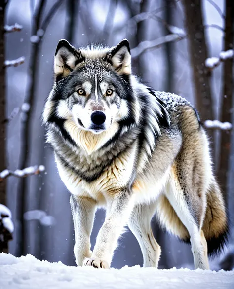 um lobo cinza selvagem na neve, foto realista, contornos perfeitos, melhor qualidade