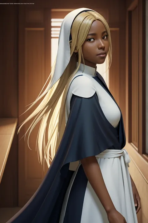 cover illustration 25 year old dark skinned curvy woman with shoulder length blonde dreadlock hair wearing nun attire（（（Storyboard em quadrinhos））），tirinha，Imagem bidimensional，Manhwa Style，Makoto Shinkai animation style，Makoto Shinkai animated film art st...