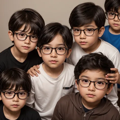 There is a chubby bespectacled brown hair and brown eyes with glasses. and a small boy  with dark skin and black hair  and 1 another boy tall white skin, black hair 