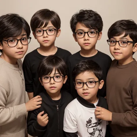 There is a chubby bespectacled brown hair and brown eyes with glasses. and a small boy  with dark skin and black hair  and 1 another boy tall white skin, black hair 