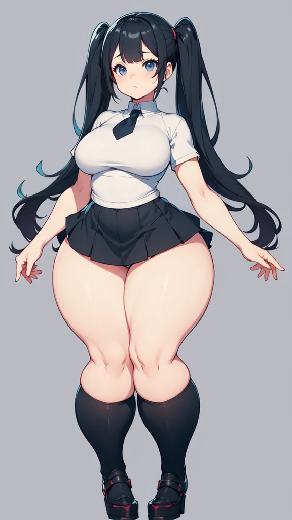 blank background, (((full body))), (masterpiece), ((best quality)), (very short girl), flat chest, short twintail, (wide hips:1.5), (thick thighs:1.5), (very short skirt), toeless footwear