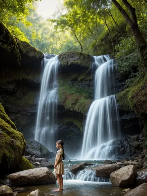 (masterpiece), (human-like skin), (tan skin), a 6-year-old Thai girl (bangs), (back braids), stood in front of a waterfall in a beautiful, quiet forest. Her eyes were mesmerizing.  With brightness and details  Reflecting the beauty of the environment   Her...