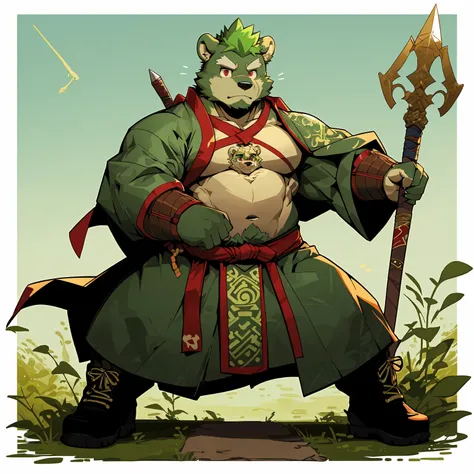 (Light green bear),(Emerald green forest green general jersey),Holding a spear,Powerful posture,Standing confidently and proudly,(The background is an endless sea:1.2),abdominal muscles,heroic posture,A perfect masterpiece,Various facial details,distance p...