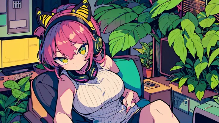 Best quality, (masterpiece:1.2), best detail face,1 girl, big breasts, 18 yo, 8k,absurdres,unity 8k wall paper,(extremely detailed:1.3), highest realistic, (retro headphones:1.1), (soft neon light:1.1), Her room full of music equipment and plants, Leaning ...