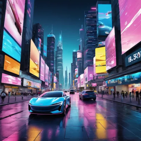 Create an incredibly vibrant and visually arresting image centered around "Advertising." Imagine a bustling cityscape at night, illuminated by an array of colorful, animated billboards and neon signs that dominate the skyline. The advertisements are dynami...