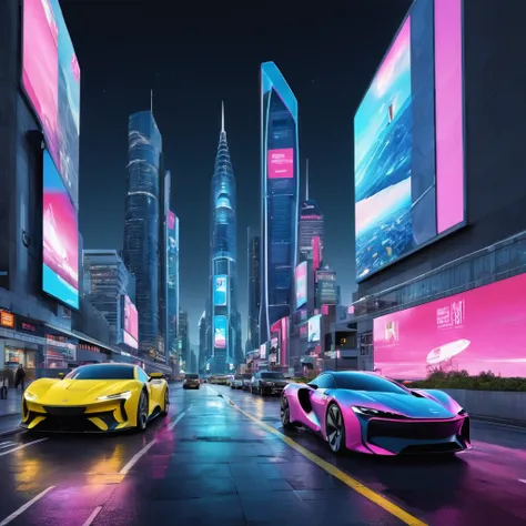 Create an incredibly vibrant and visually arresting image centered around "Advertising." Imagine a bustling cityscape at night, illuminated by an array of colorful, animated billboards and neon signs that dominate the skyline. The advertisements are dynami...