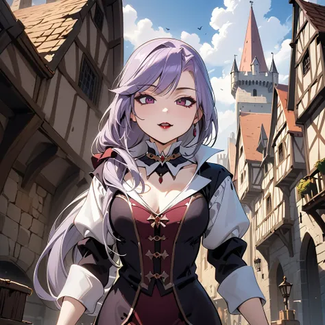 (masterpiece, best quality:1.2), 1girl, solo, Sonata, purple hair, vampire, medieval city background