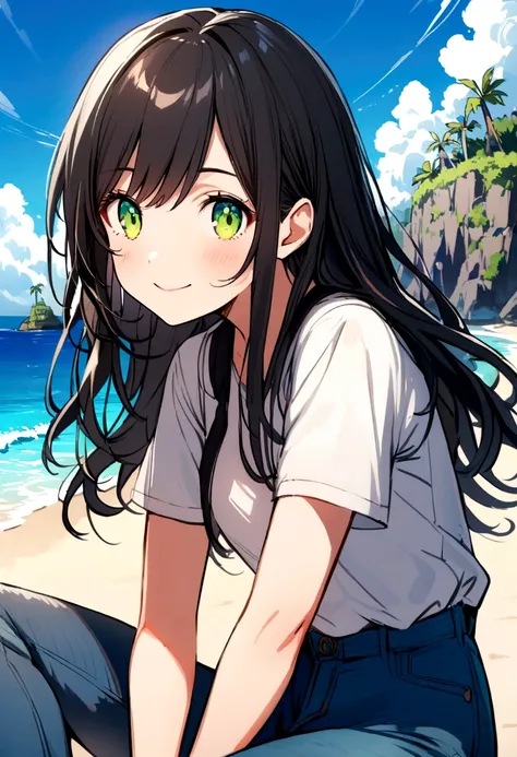 A girl with black hair and green eyes wearing a short sleeve shirt and a pair of jeans on a Island