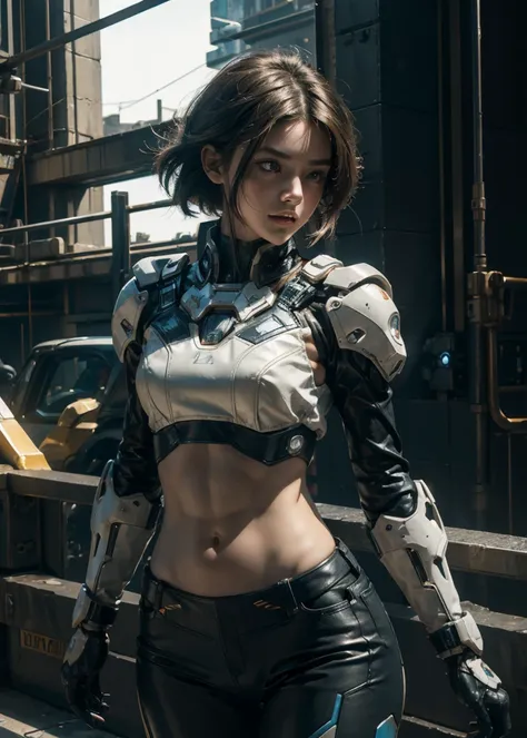 A beautiful detailed woman wearing a futuristic Gundam mecha, close-up cowboy shot, bare midriff, navel, exposed abs, chiseled physique, high-resolution, 4K, ultra-detailed, best quality, hyper-realistic, photo-realistic, intricate textures, skin pores, hi...