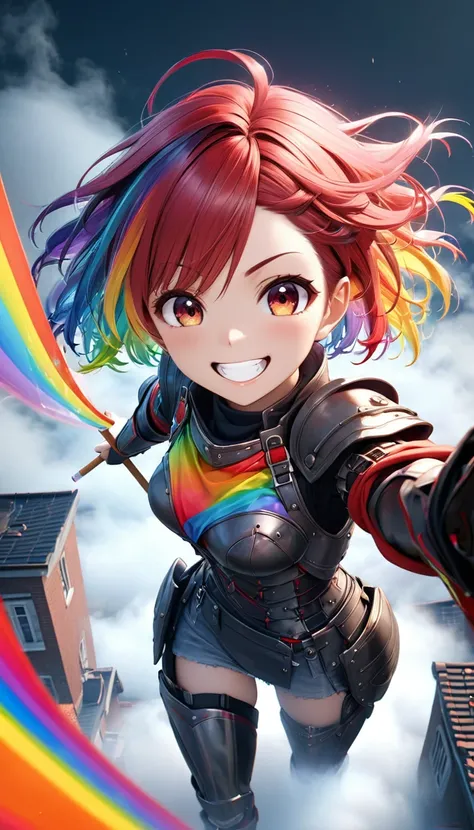 From above, Highest quality, Highest quality, 16K, Unbelievably absurd, Very detailed, 3D, delicate and dynamic, Ruthless, Cool and beautiful female warrior, Shining Rainbow Perspective, Rainbow colored messy wavy short hair, Captivating look, Excited expr...