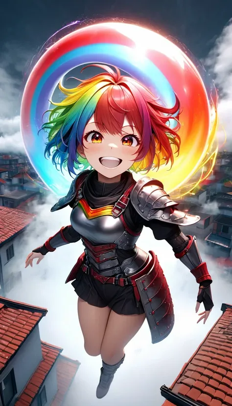 From above, Highest quality, Highest quality, 16K, Unbelievably absurd, Very detailed, 3D, delicate and dynamic, Ruthless, Cool and beautiful female warrior, Shining Rainbow Perspective, Rainbow colored messy wavy short hair, Captivating look, Excited expr...