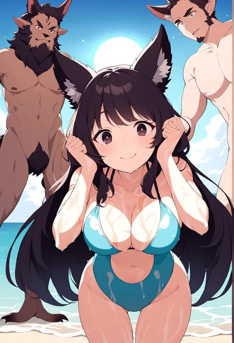 Hairy fox beast mother , Round face , (Tilt your face:1.1) , (Wink:1.2) , Moist, round eyes , Swollen cheeks , Estrus , Dark Hair , motherly smile , Glossy Lips , nude , (Body Paint Swimwear:1.2) , Sunny seaside , With the surprised beastmen