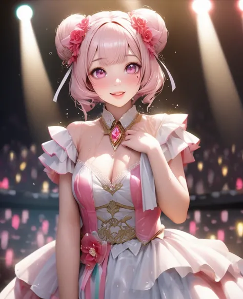 One Girl、Looking at the audience、lovely,
Beautiful pink eyes、Two brown double hair buns , Mole under the eye、Plump and glossy lips、Heart-shaped choca、Idol、Her name is May,smile、ー、。.。.。.。.。.。.。.。.。.。.。.。.。.。.。.。.。.。.3D、Realistic、
The idols costume was soake...