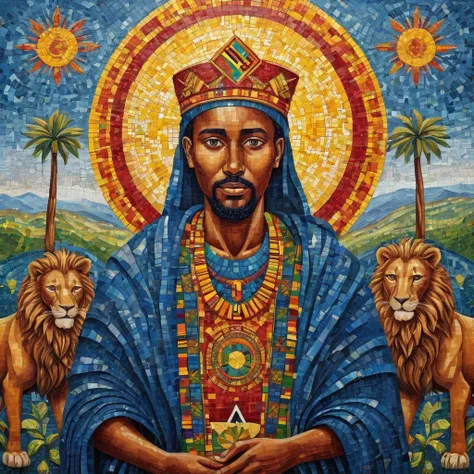 Create an incredibly vibrant and dynamic image inspired by the style of Afewerk Tekle. Imagine a powerful, symbolic scene that captures the essence of African heritage and culture. In the foreground, depict a regal figure adorned in traditional Ethiopian a...