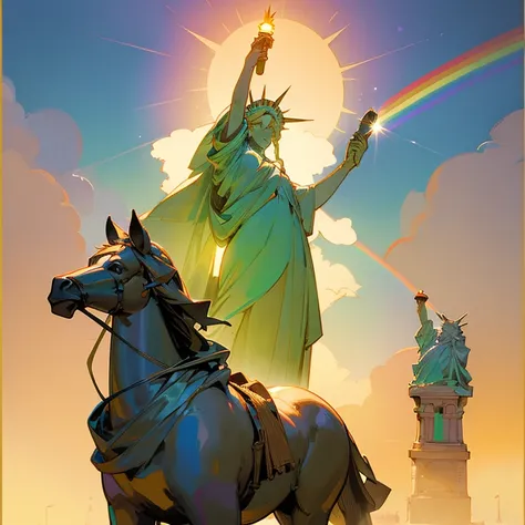 The beautiful Statue of Liberty stands with a horse. The background is a bag of gold and a rainbow.