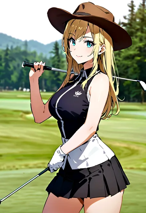 sound　high resolution　8k beauty　woman playing golf　golf course　beautiful woman　timid　black hair　　golf wear　mini skirt　smile　　loo...