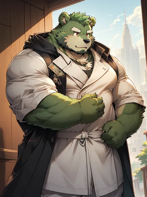 masterpiece, high quality, anime, detailed eyes, male jinpei, anthro, bear, Great physique, strong arms manly, Casual suit, (((green bear))), (((green fur))), green hair, beard, white eyebrows, bald, detailed red eyes, tall, Joyful, (black t-shirt inside),...