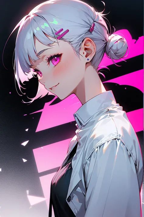 with one girl、Short silver bob hair tied into a bun with a hair clip、pink eyes、smile、From the side、Wear a rider&#39;s jacket、Colors based on red and green
