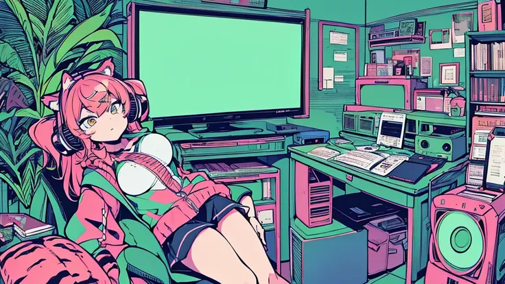 Best quality, (masterpiece:1.2), best detail face,1 girl, big breasts, 18 yo, 8k,absurdres,unity 8k wall paper,(extremely detailed:1.3), highest realistic, (retro headphones:1.1), (soft neon light:1.1), Her room full of music equipment and plants, Leaning ...