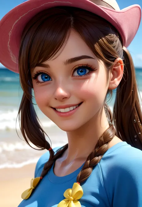 twintails, smile, perfect eyes:1.2, wet, skindentation, wet skin, sweat, glossy skin, detailed eyes:1.4, ro1, beach, long hair:1...