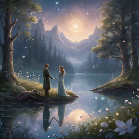 Create an incredibly heartfelt and visually stunning image inspired by the theme of "Affectionate Masterpiece Concept Art." Imagine a tender moment between two characters in a fantastical, dreamlike setting. The central figures are embracing, their express...