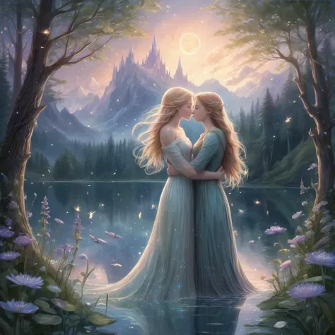 Create an incredibly heartfelt and visually stunning image inspired by the theme of "Affectionate Masterpiece Concept Art." Imagine a tender moment between two characters in a fantastical, dreamlike setting. The central figures are embracing, their express...