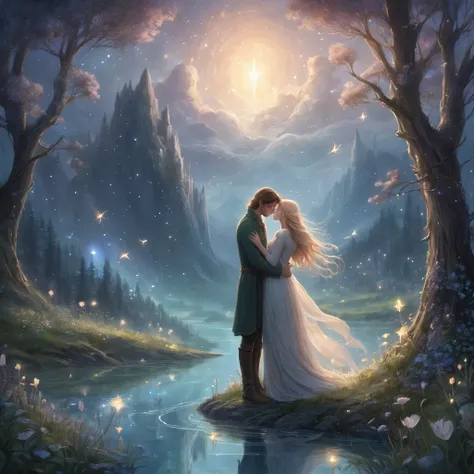 Create an incredibly heartfelt and visually stunning image inspired by the theme of "Affectionate Masterpiece Concept Art." Imagine a tender moment between two characters in a fantastical, dreamlike setting. The central figures are embracing, their express...