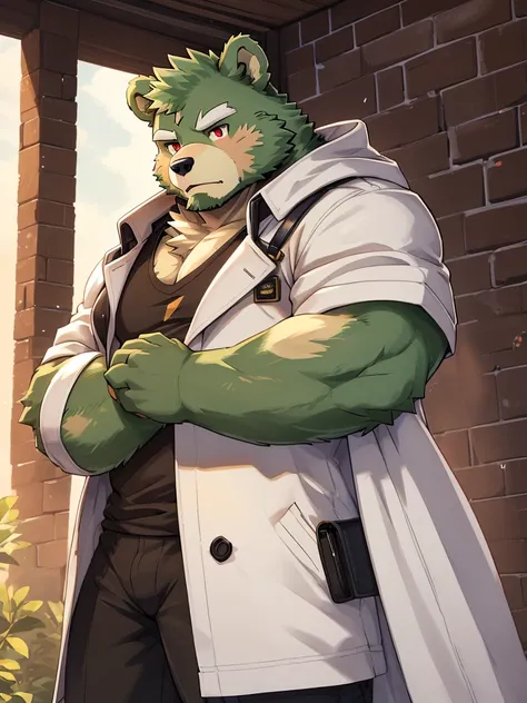 masterpiece, high quality, anime, detailed eyes, male jinpei, anthro, bear, Great physique, strong arms manly, Casual suit, (((green bear))), (((green fur))), green hair, beard, white eyebrows, bald, detailed red eyes, tall, Joyful, (black t-shirt inside),...