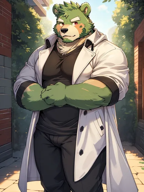 masterpiece, high quality, anime, detailed eyes, male jinpei, anthro, bear, Great physique, strong arms manly, Casual suit, (((green bear))), (((green fur))), green hair, beard, white eyebrows, bald, detailed red eyes, tall, Joyful, (black t-shirt inside),...