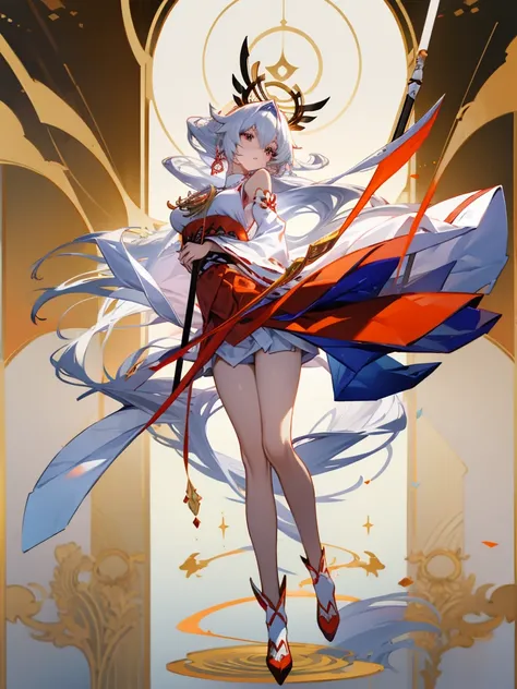 Miko,large breast , white hair, Long hair,full body, miko scepter