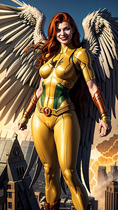 SHAYERA, HAWKGIRL (( DC COMICS )) , FLYING OVER A BURNING CITY, CITY IS IN RUBBLEDAYLIGHTS, SUN, BUILDINGS, GREEN YELLOW BODYSUIT, WHITE WINGS, WINGED WOMAN, MASTER PIECE OF ART, HIGH DETAILED IMAGE (CUTE SMILE PHOTO REALISTIC).