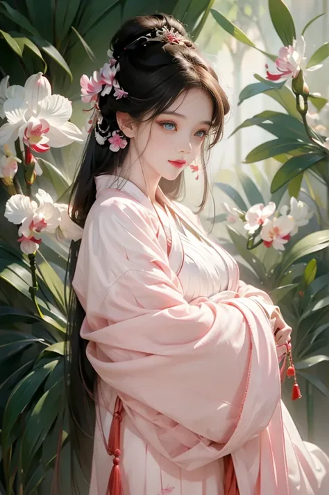 girl，Surrounded by orchids，spring，Clear face，Look at the lens，Chinese style，Traditional Culture，Orchid Personification，Anthropomorphic style