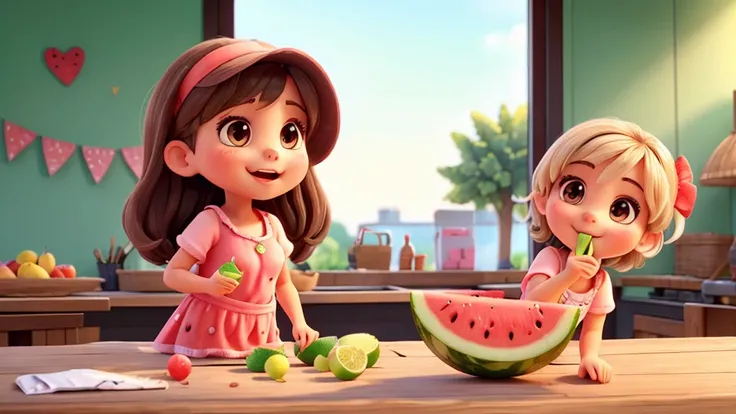 A cute girl eating watermelon，high quality，Summer freshness，Fresh style，Correct anatomy