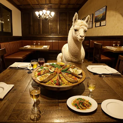 An alpaca eating at a Spanish restaurant in Saitama Prefecture。On the table is the main course of paella and a glass of water.、Cutlery is laid out。