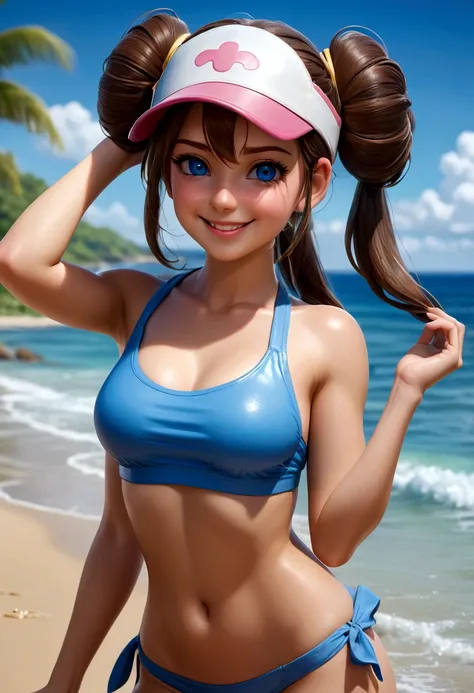 twintails, smile, perfect eyes:1.2, wet, skindentation, wet skin, sweat, glossy skin, detailed eyes:1.4, ro1, beach, long hair:1.2, hair bun, visor cap, naked, blue eyes, cowboy shot, 1girl, solo, (masterpiece:1.6, best quality), 8k, insane details, intric...